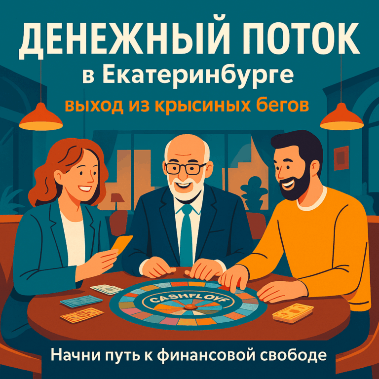 Постер игры «Денежный поток» в Екатеринбурге — участники играют за столом в ресторане