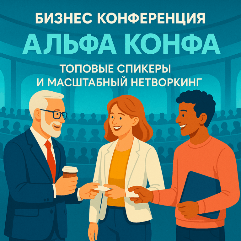 Постер бизнес-конференции Альфа Конфа в Екатеринбурге с изображением трех предпринимателей на фоне зала