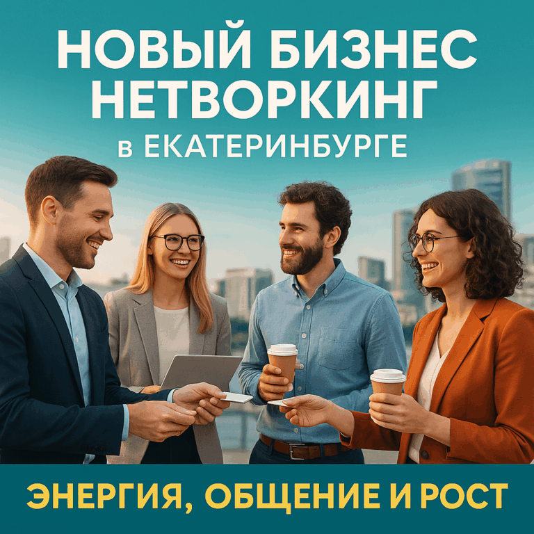 Группа молодых профессионалов на бизнес-нетворкинге в Екатеринбурге с видом на городской пейзаж