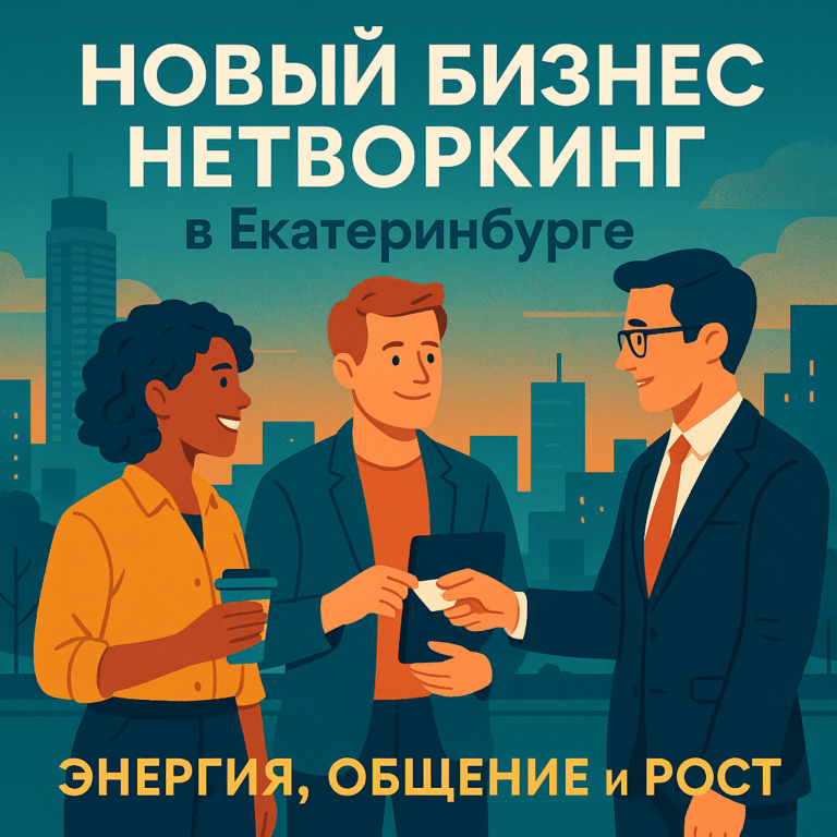 Постер бизнес-нетворкинга в Екатеринбурге — три профессионала общаются на фоне города
