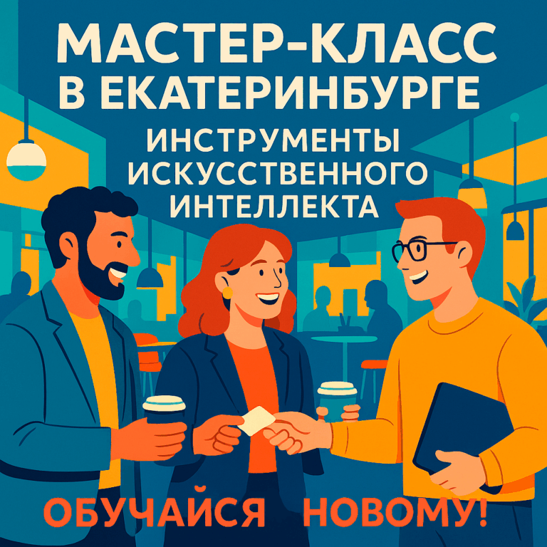 Иллюстрация мастер-класса по инструментам искусственного интеллекта в Екатеринбурге — три человека общаются в современном ресторане