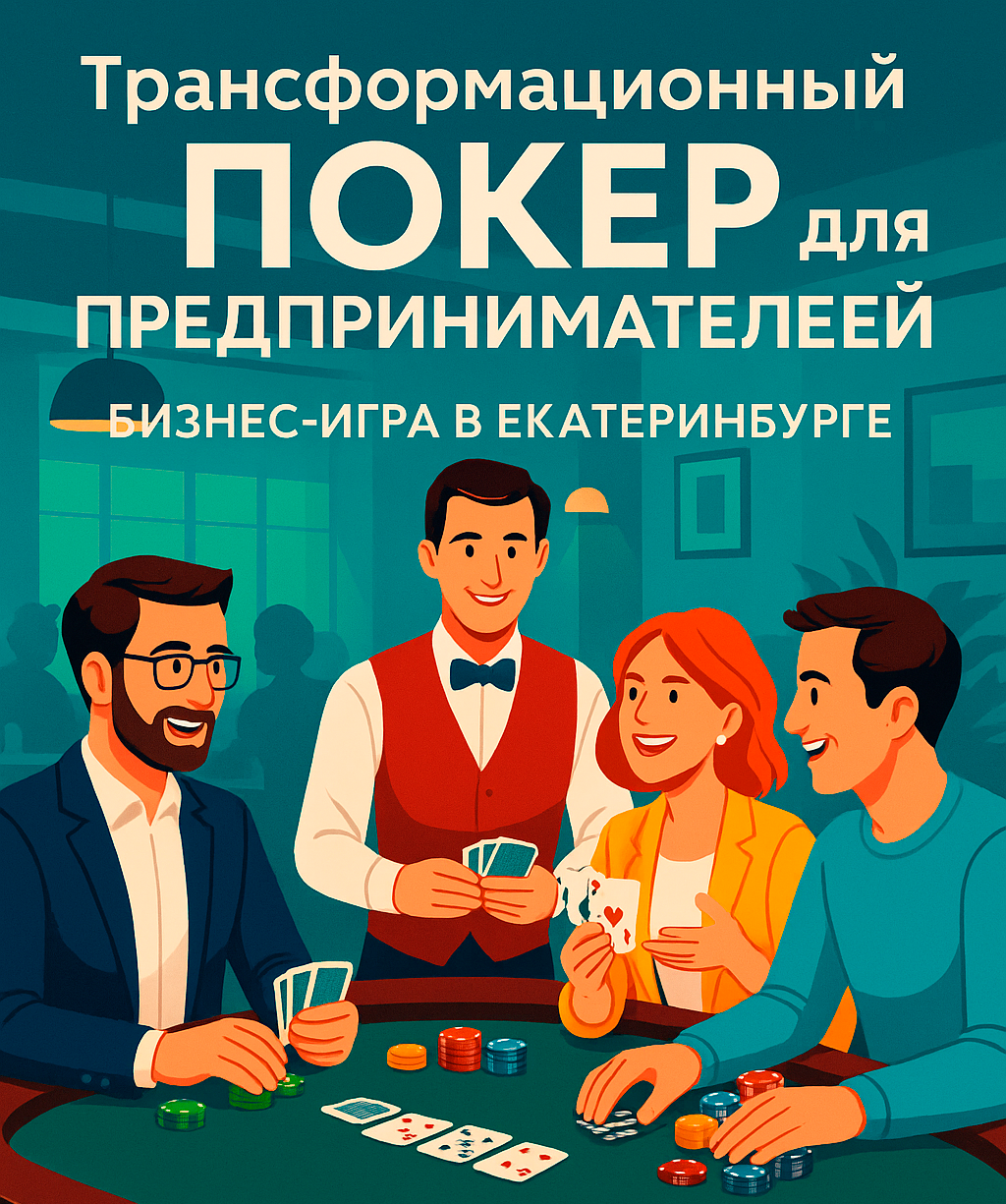 Три предпринимателя играют в покер с крупье в современном ресторане — бизнес-игра в Екатеринбурге
