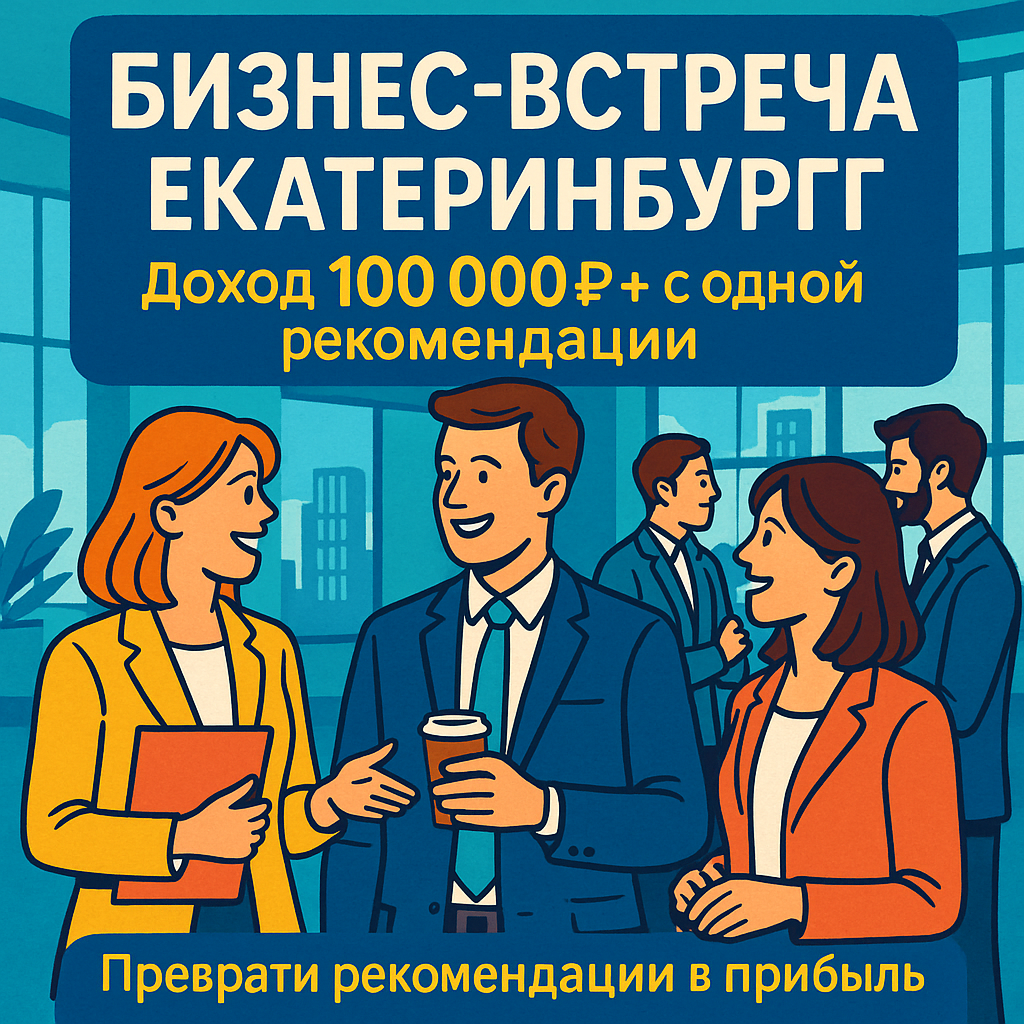 Бизнес-встреча Екатеринбург — предприниматели улыбаются и общаются, анонс дохода 100 000 рублей с одной рекомендации
