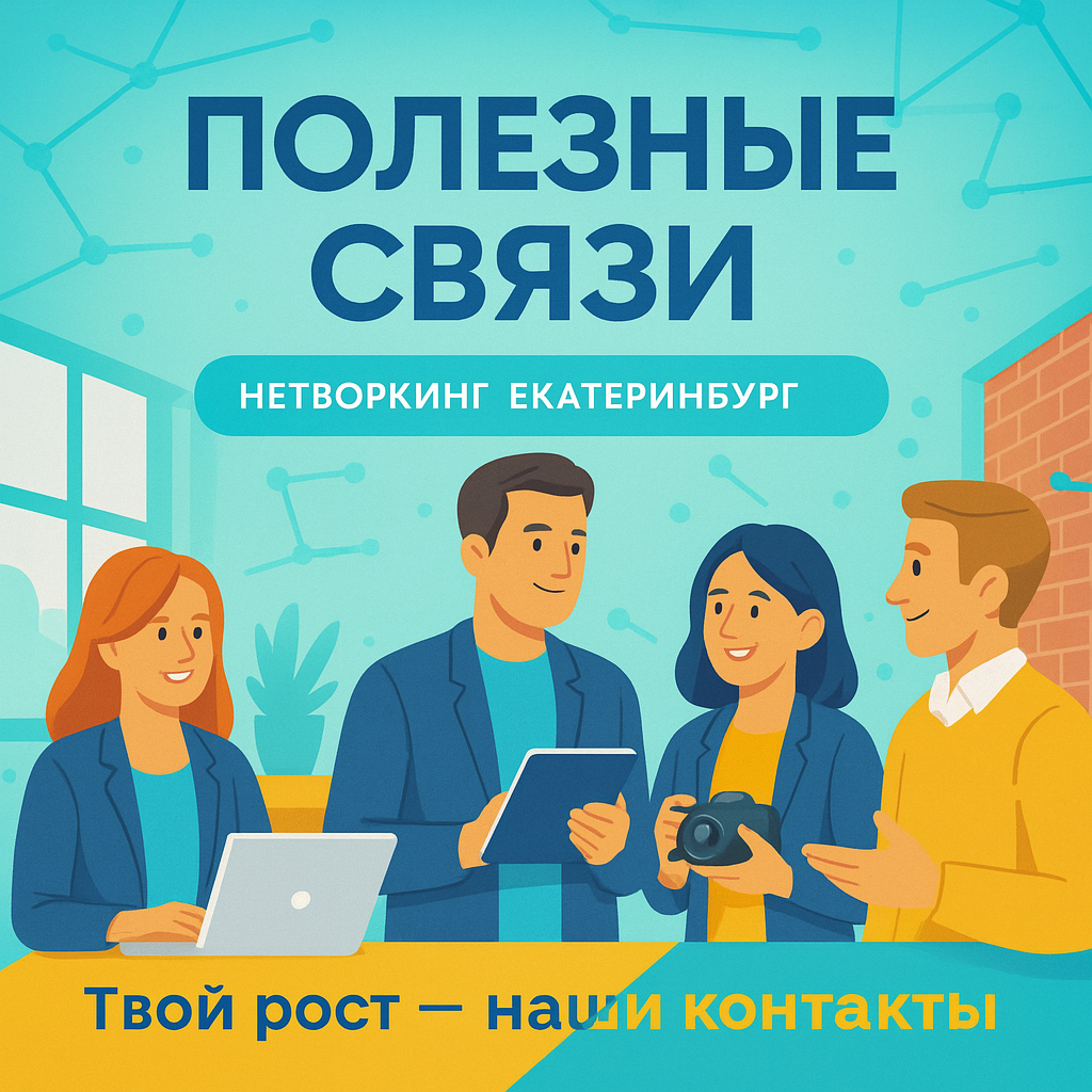 Иллюстрированный постер «Полезные связи» — нетворкинг Екатеринбург, предприниматели, ИТ-специалисты и креаторы обсуждают рост бизнеса в коворкинге