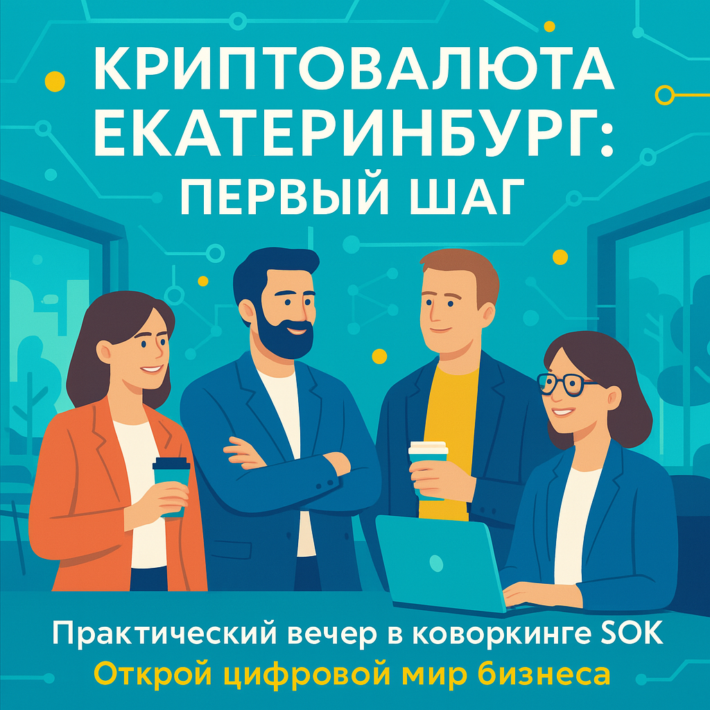 Криптовалюта Екатеринбург — новая экономическая реальность для бизнеса 15 Криптовалюта Екатеринбург — новая экономическая реальность для бизнеса Криптовалюта Екатеринбург — постер-анонс практического вечера в коворкинге SOK: предприниматели и ИТ-специалисты общаются на бирюзовом фоне с сетевыми линиями